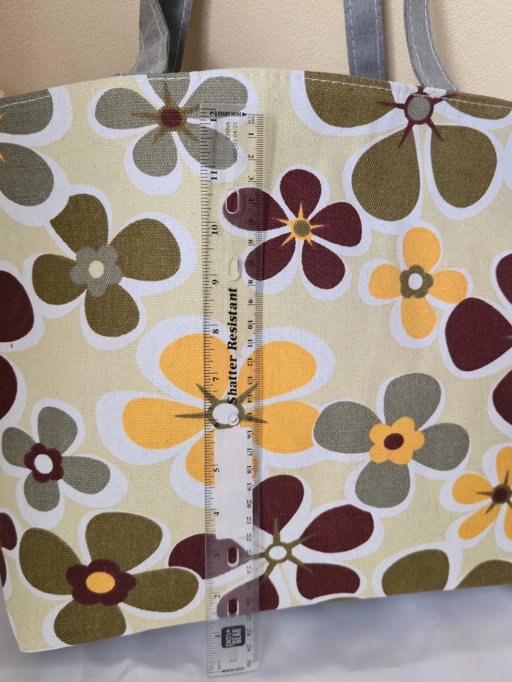 Floral Canvas Tote Bag in Yellow, Olive , Cream & Gray -‎ LARGE